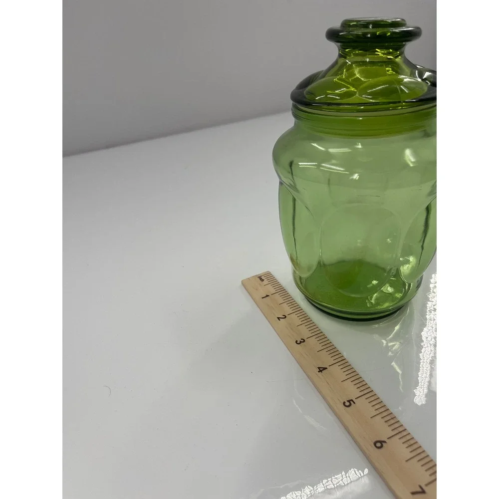 Vintage Green Glass Apothecary Jar Thumbprint Canister with Lid 6.5 Inch